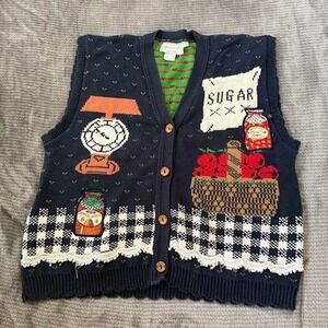 Vintage Sweater Loft Navy Knit Vest Country Kitchen Sugar Apples Lace Trim Large
